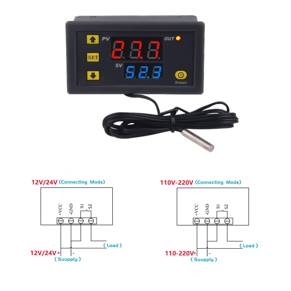 W3230 Digital Temperature Controller - Multi-Function Thermostat with LED Display (12V/24V DC, 110V-220V AC)