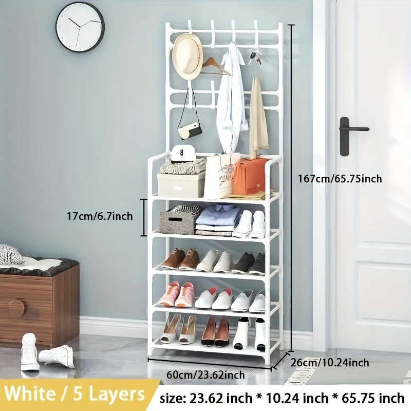 Black Metal Entryway Organizer with Hooks – Multi-Tiered Shoe Rack, Clothes Hanger, and Bench for Home Storage – Perfect for Shoes, Jackets, Hats, Bags, and Umbrellas – Stylish Corridor Shelving Unit for Modern Entryway