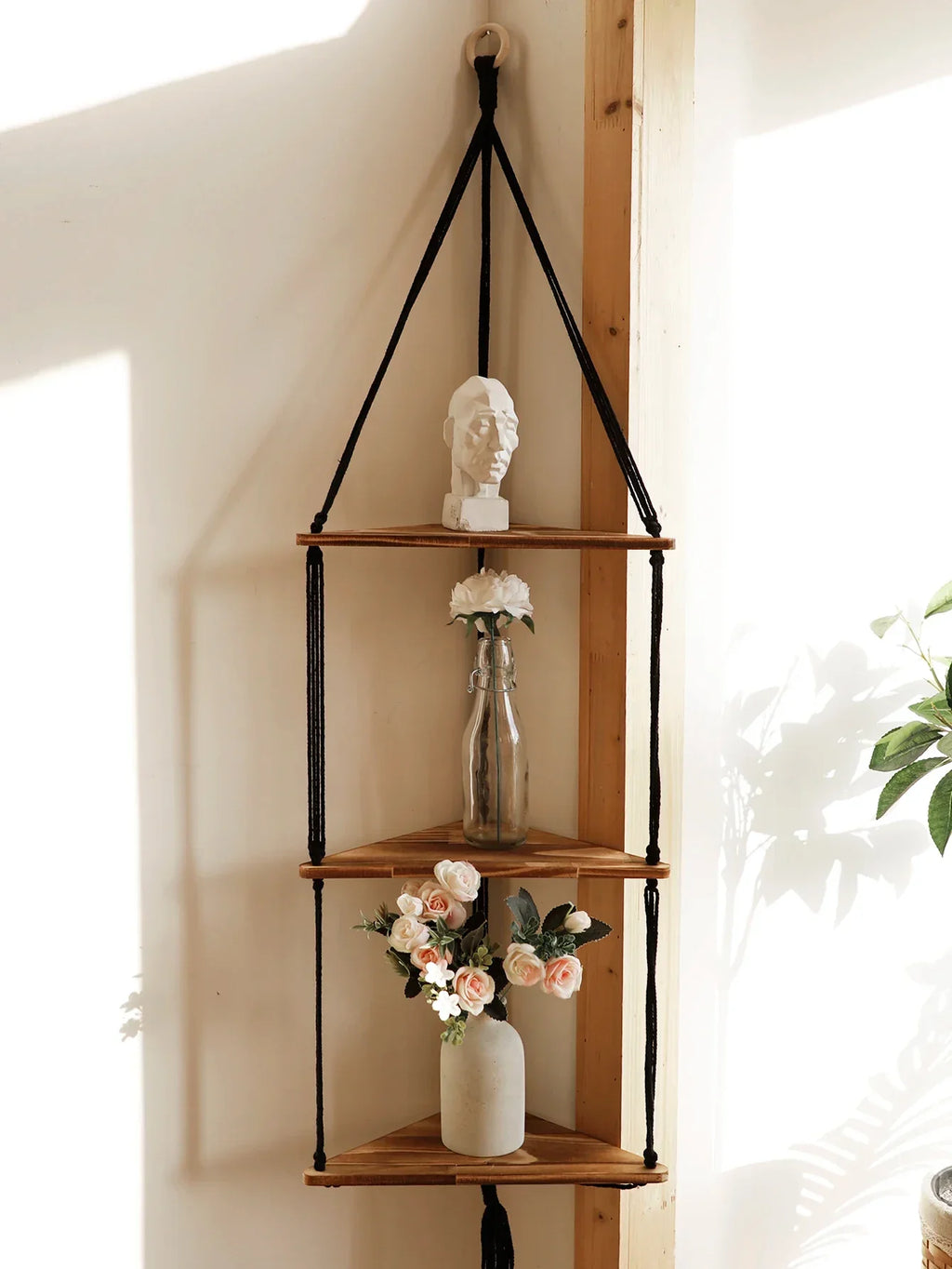 1/2/3-tier Floating Wall Shelf Wood Triangle Corner Display Stand Boho Home Decoration Living Room Bedroom Wall Hanging Decor