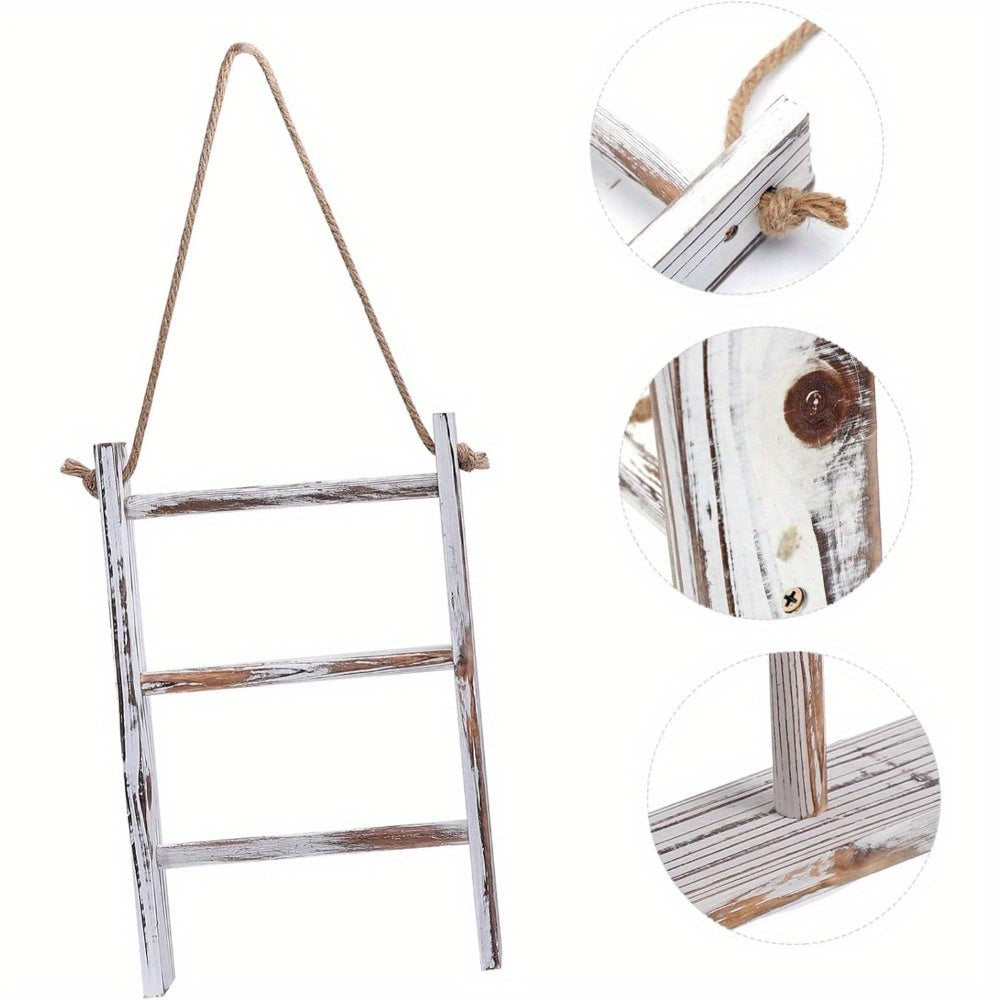 1pc Rustic Wooden Storage Rack, 3-Tier Wall-Mounted Rope Hanging Rack, Farmhouse Decor for Bathroom Towels, Scarves, Kitchen, Bedroom, Office, Home Decor, No Power Required, Desk & Drawer Organizer for Home Storage