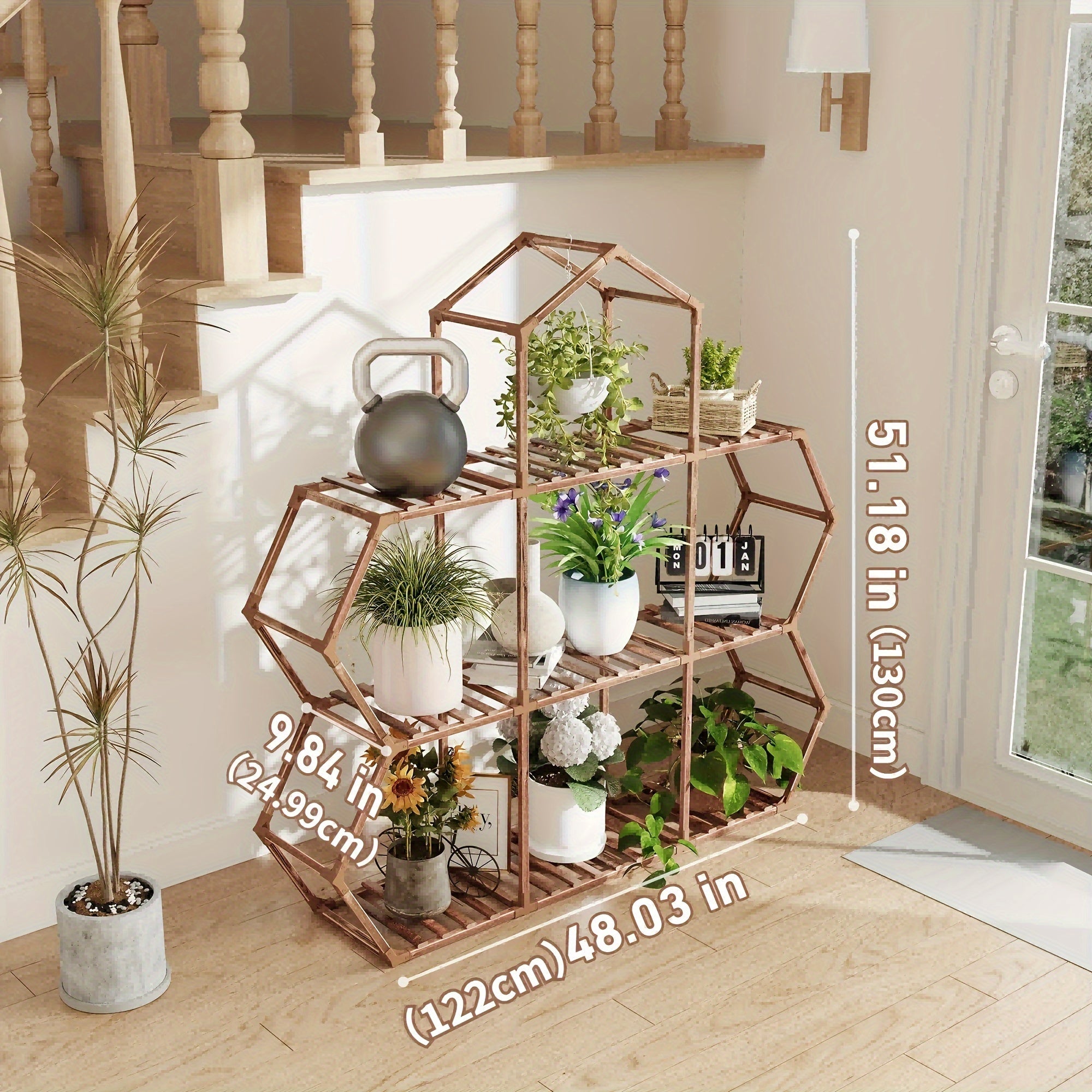 1pc Elegant Wooden Plant Stand for Indoor & Outdoor Display - Large Capacity Holder, Sturdy Home Storage Organizer with Gloves and Hammer, Perfect for Living Room, Terrace, and Garden Decor