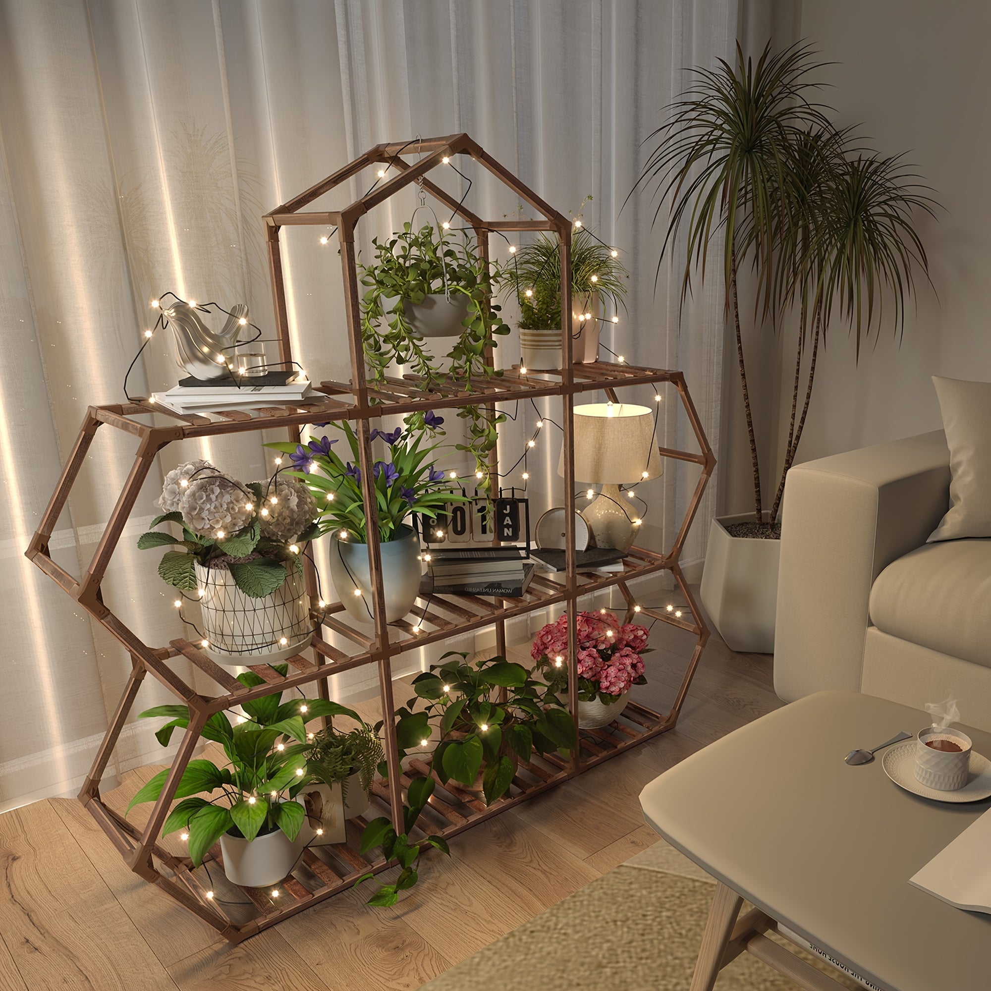 1pc Elegant Wooden Plant Stand for Indoor & Outdoor Display - Large Capacity Holder, Sturdy Home Storage Organizer with Gloves and Hammer, Perfect for Living Room, Terrace, and Garden Decor