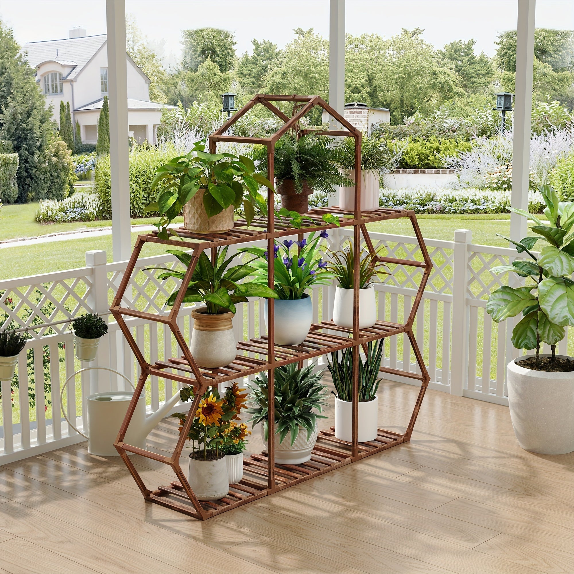 1pc Elegant Wooden Plant Stand for Indoor & Outdoor Display - Large Capacity Holder, Sturdy Home Storage Organizer with Gloves and Hammer, Perfect for Living Room, Terrace, and Garden Decor