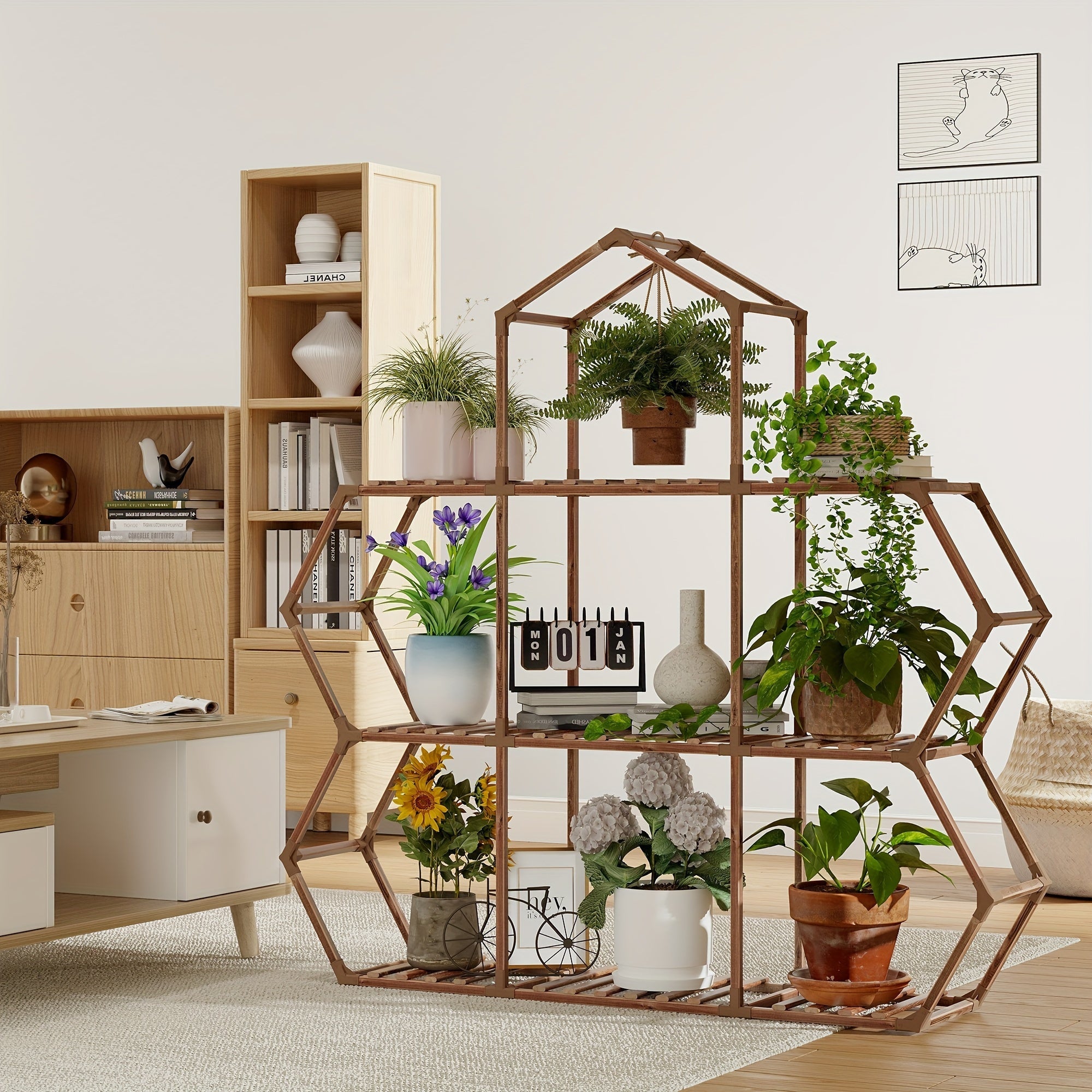 1pc Elegant Wooden Plant Stand for Indoor & Outdoor Display - Large Capacity Holder, Sturdy Home Storage Organizer with Gloves and Hammer, Perfect for Living Room, Terrace, and Garden Decor