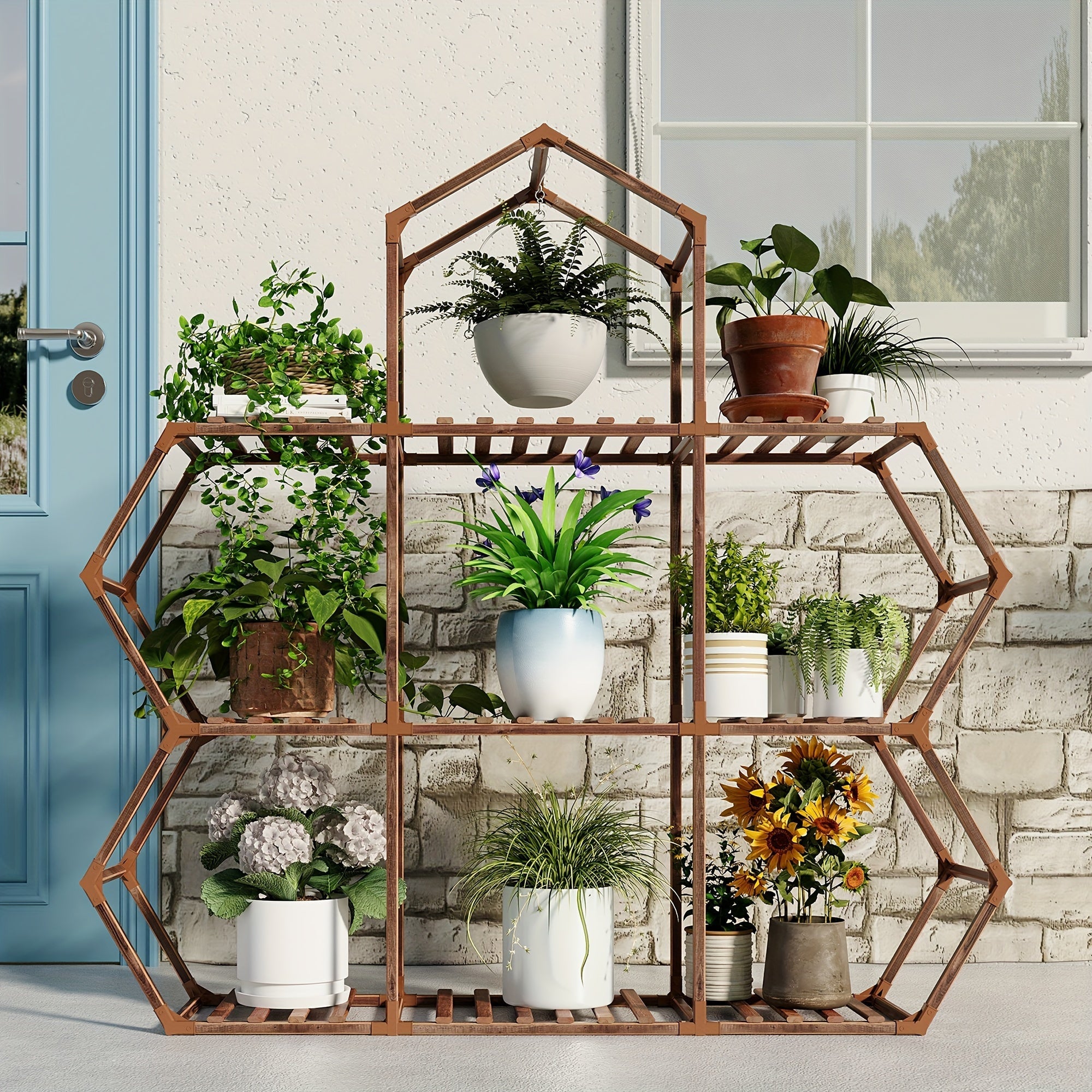 1pc Elegant Wooden Plant Stand for Indoor & Outdoor Display - Large Capacity Holder, Sturdy Home Storage Organizer with Gloves and Hammer, Perfect for Living Room, Terrace, and Garden Decor
