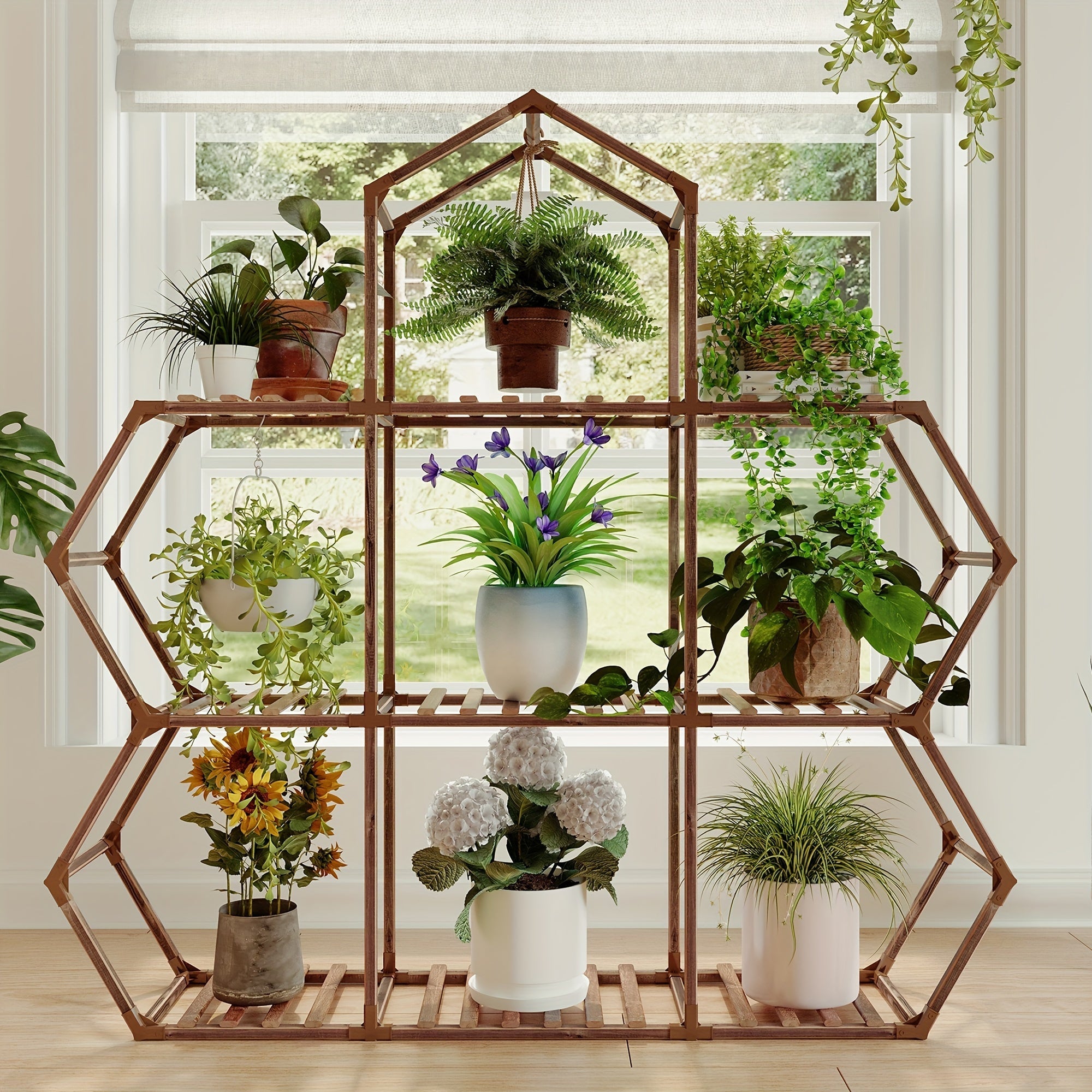 1pc Elegant Wooden Plant Stand for Indoor & Outdoor Display - Large Capacity Holder, Sturdy Home Storage Organizer with Gloves and Hammer, Perfect for Living Room, Terrace, and Garden Decor