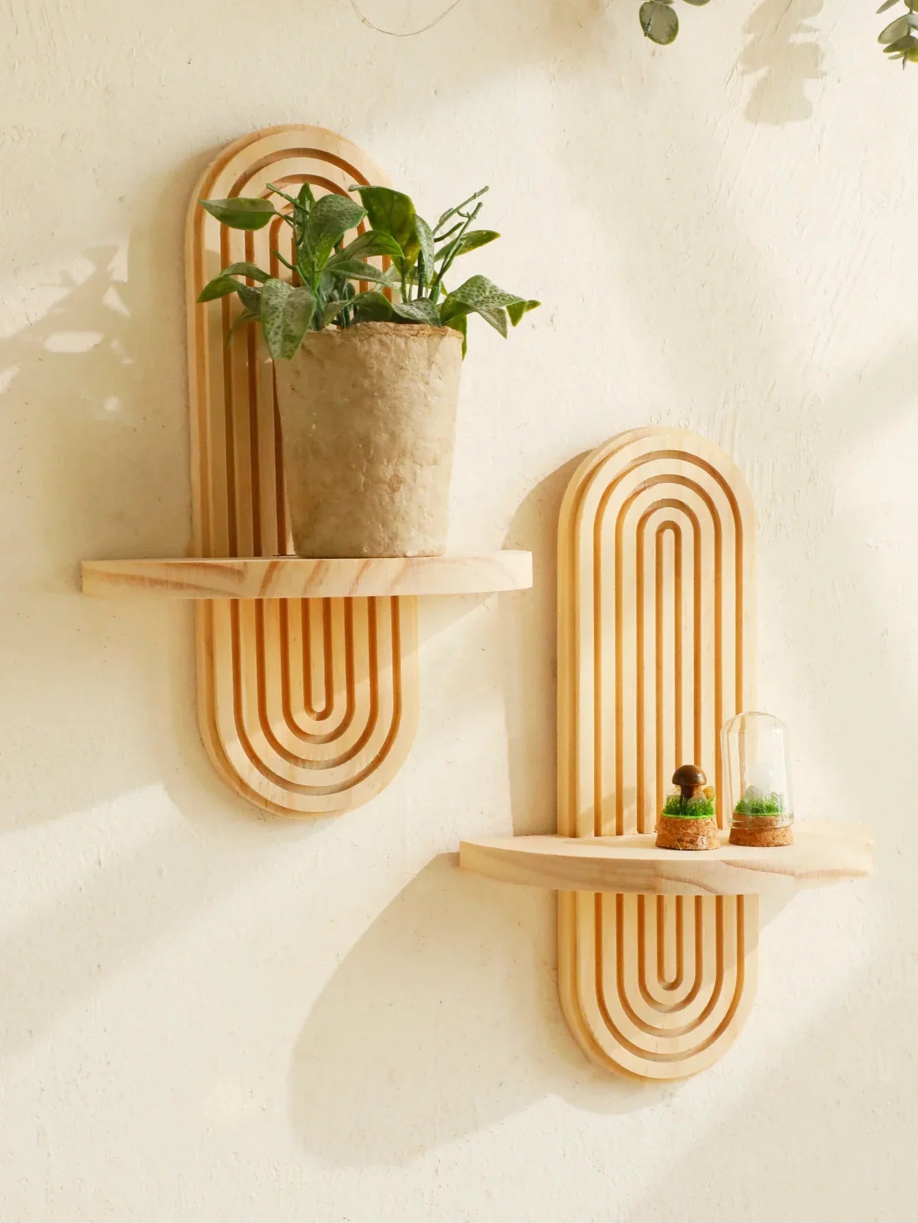 1pc Boho Style Wooden Wall Shelves - Geometric Wall Mounted Shelves, Natural Wood Finish, Modern Home Decor, Plant Decorative