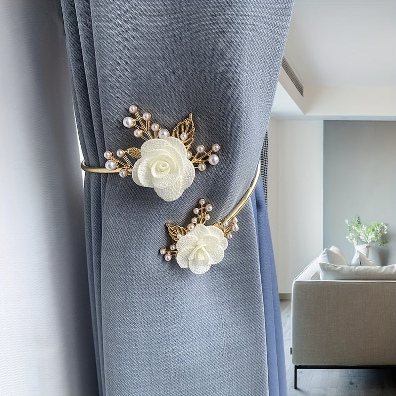 Metal Faux-Pearl Curtain Holdback with 3D Flower