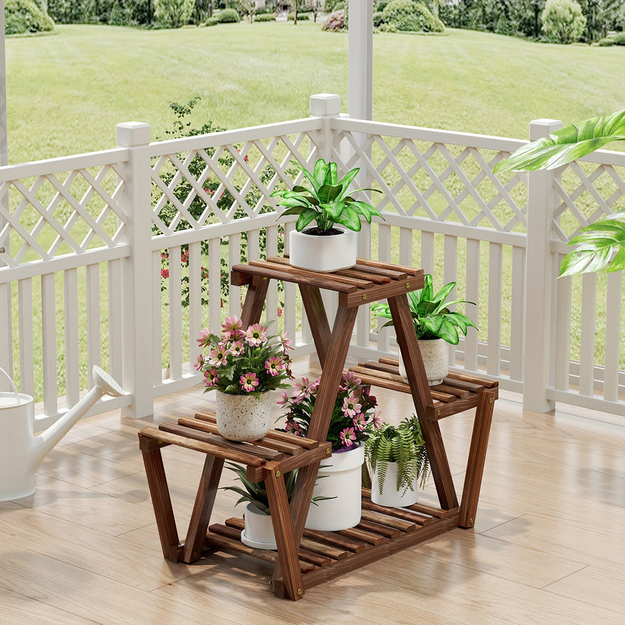 Multi-Tier Wooden Plant Stand with Gloves and Assembly Hammer