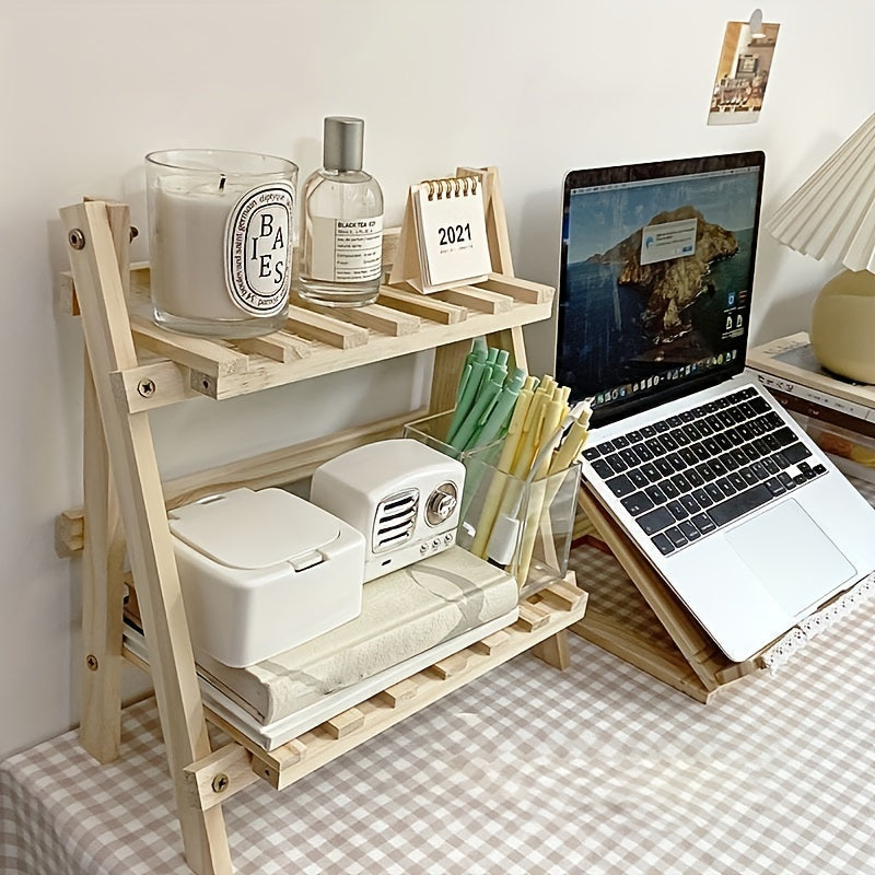 2-Tier Rustic Wooden Desktop Organizer Shelf - Trapezoidal Display & Storage Rack for Office Supplies, Decor, and More - Ideal for Home, Dorm, School | No Power Needed, Desk & Drawer Organizer for Home Storage