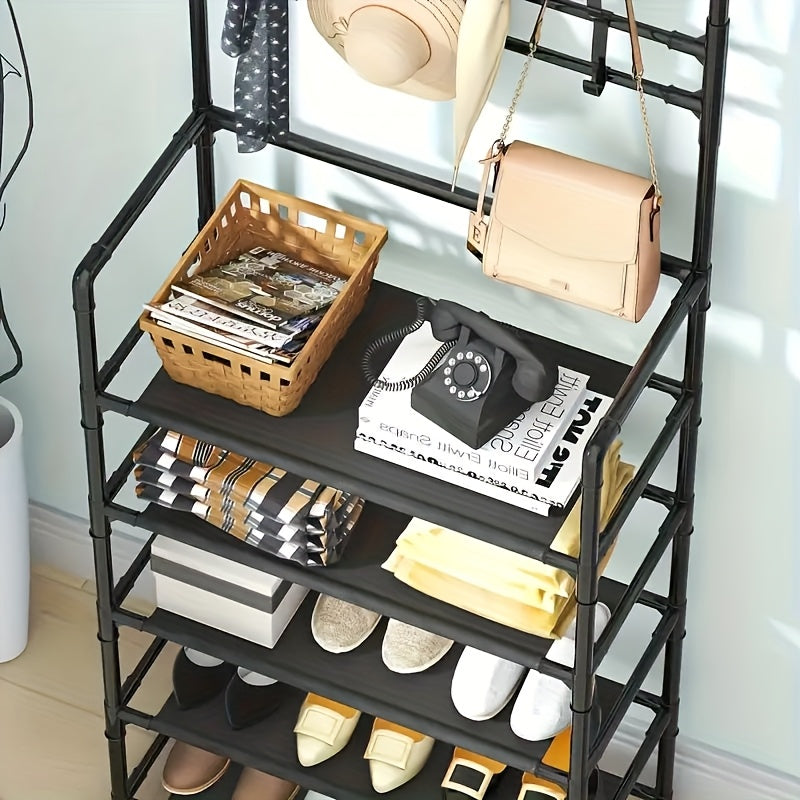 Black Metal Entryway Organizer with Hooks – Multi-Tiered Shoe Rack, Clothes Hanger, and Bench for Home Storage – Perfect for Shoes, Jackets, Hats, Bags, and Umbrellas – Stylish Corridor Shelving Unit for Modern Entryway