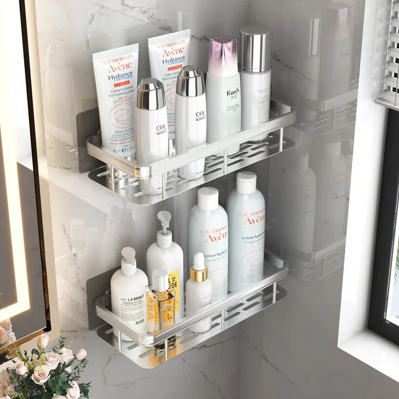 No-Drill Aluminum Wall-Mounted Bathroom Storage Shelf
