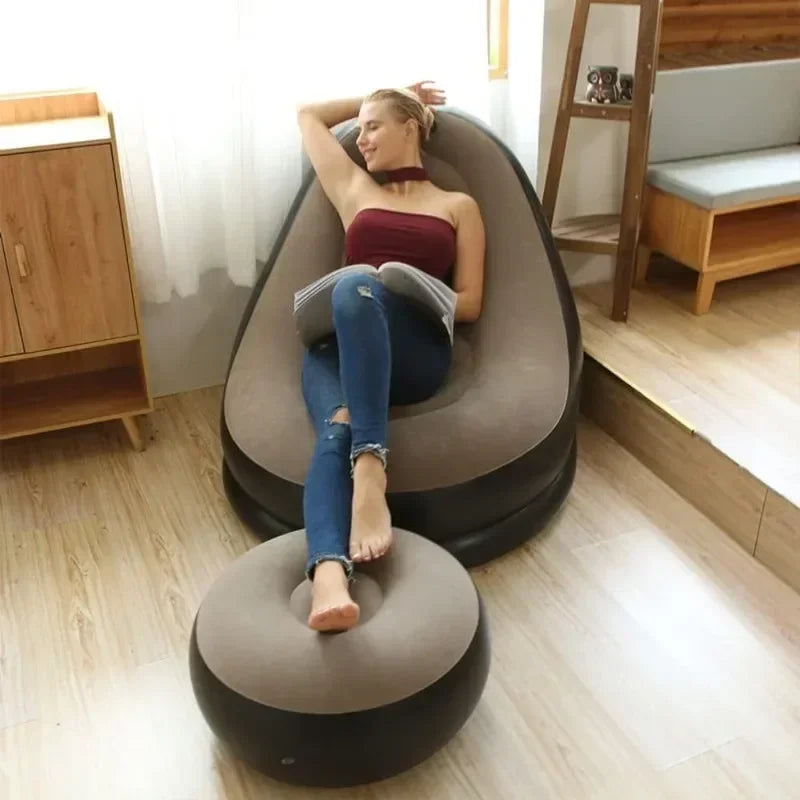 Inflatable Flocked Sofa Bed with Footrest – Foldable Indoor/Outdoor Lounger