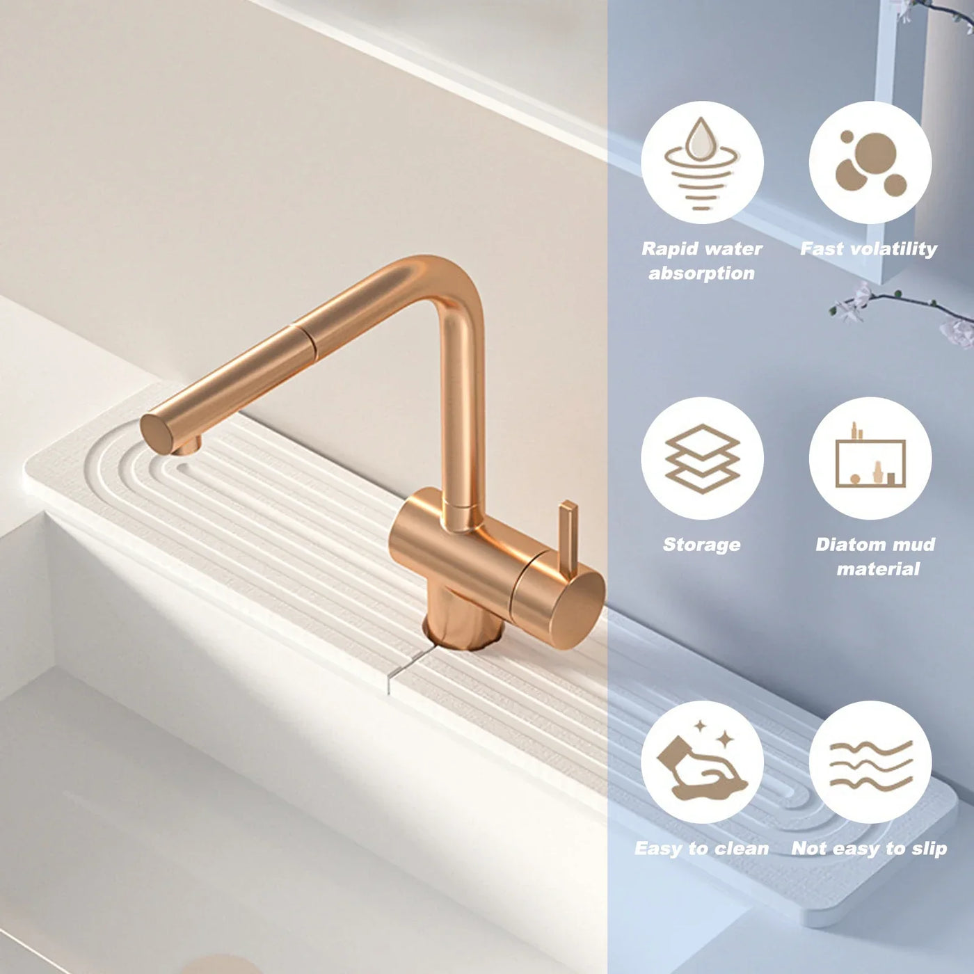 Quick Dry Diatomaceous Earth Faucet Mat for Kitchen Sink, Absorbent Sink Splash Guard Tray (White, 15.5x4 inches)