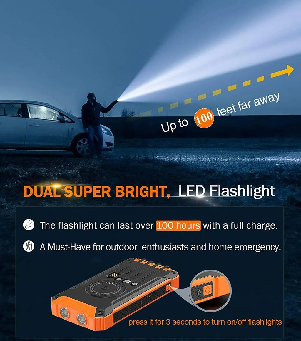 High Capacity 20000/30000mAh Waterproof Solar Power Bank with Built-in Cables