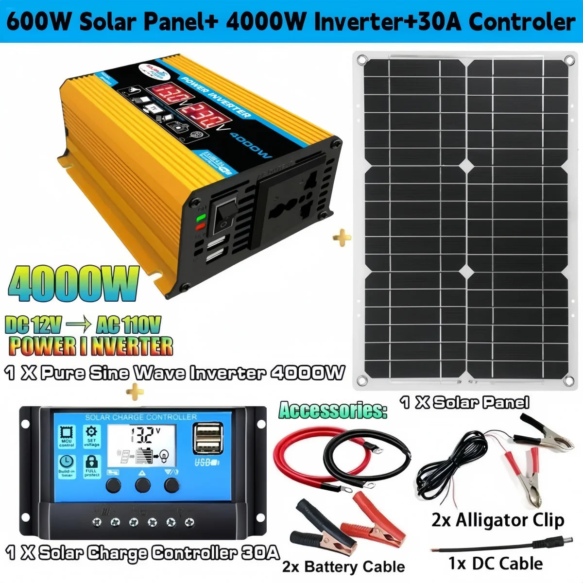600W Solar Panel Kit with 4000W Peak Inverter and Controller
