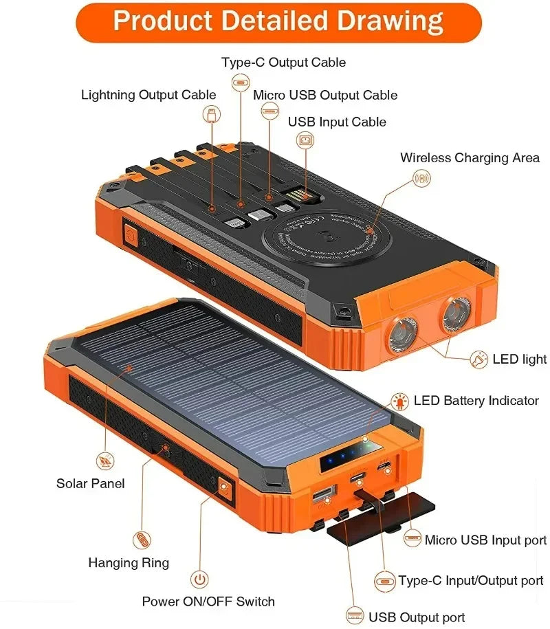High Capacity 20000/30000mAh Waterproof Solar Power Bank with Built-in Cables