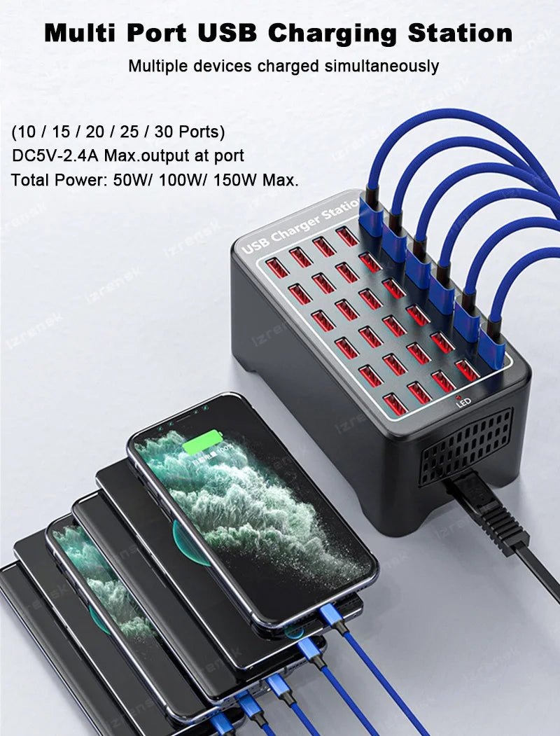 150W Multi-Port USB Charging Station – 10/15/20/25/30 Ports