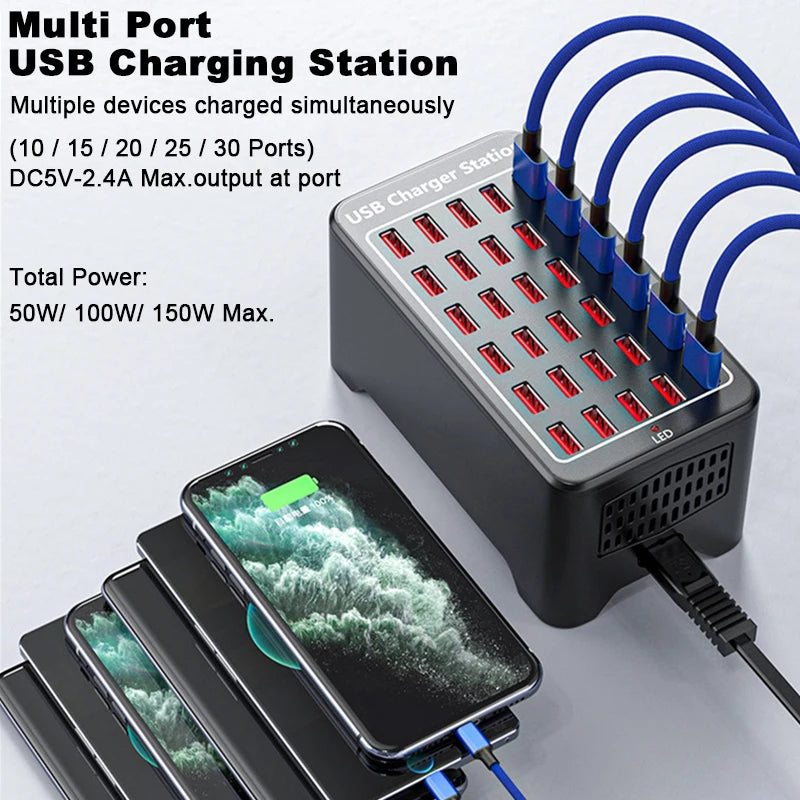 150W Multi-Port USB Charging Station – 10/15/20/25/30 Ports