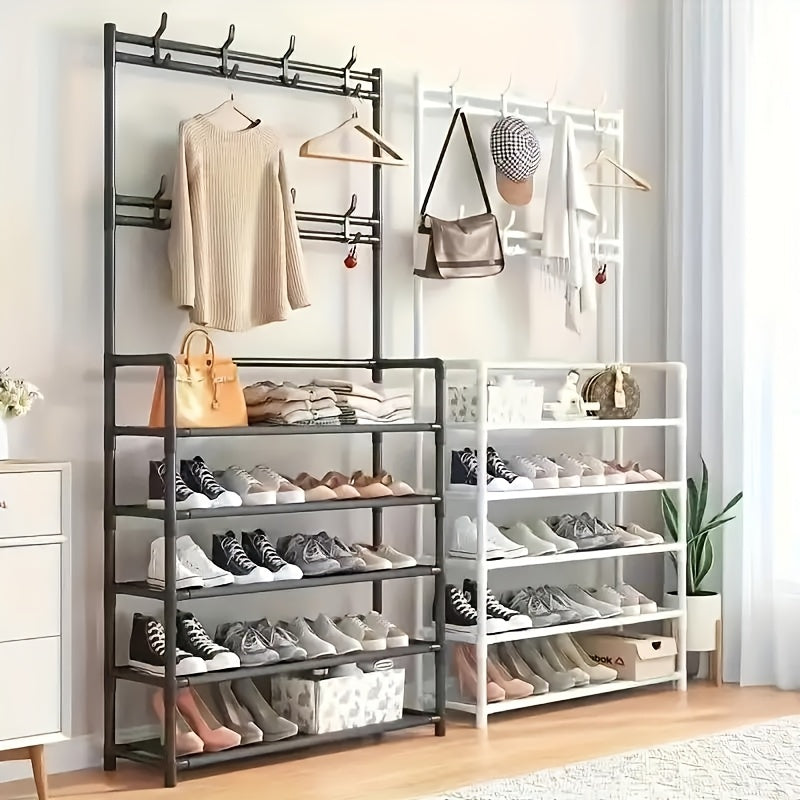 Black Metal Entryway Organizer with Hooks – Multi-Tiered Shoe Rack, Clothes Hanger, and Bench for Home Storage – Perfect for Shoes, Jackets, Hats, Bags, and Umbrellas – Stylish Corridor Shelving Unit for Modern Entryway