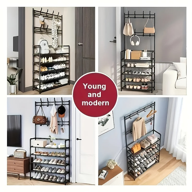 Black Metal Entryway Organizer with Hooks – Multi-Tiered Shoe Rack, Clothes Hanger, and Bench for Home Storage – Perfect for Shoes, Jackets, Hats, Bags, and Umbrellas – Stylish Corridor Shelving Unit for Modern Entryway